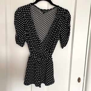 Express Black & White Polka Dot Wrap Top